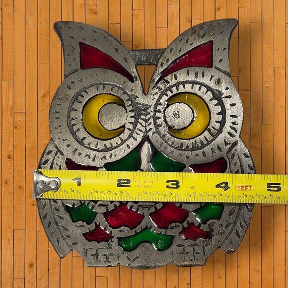 Set of 2 Vintage Cast Iron Owl Trivets Stained Glass Style Red Green Yellow MCM - Picture 5 of 6